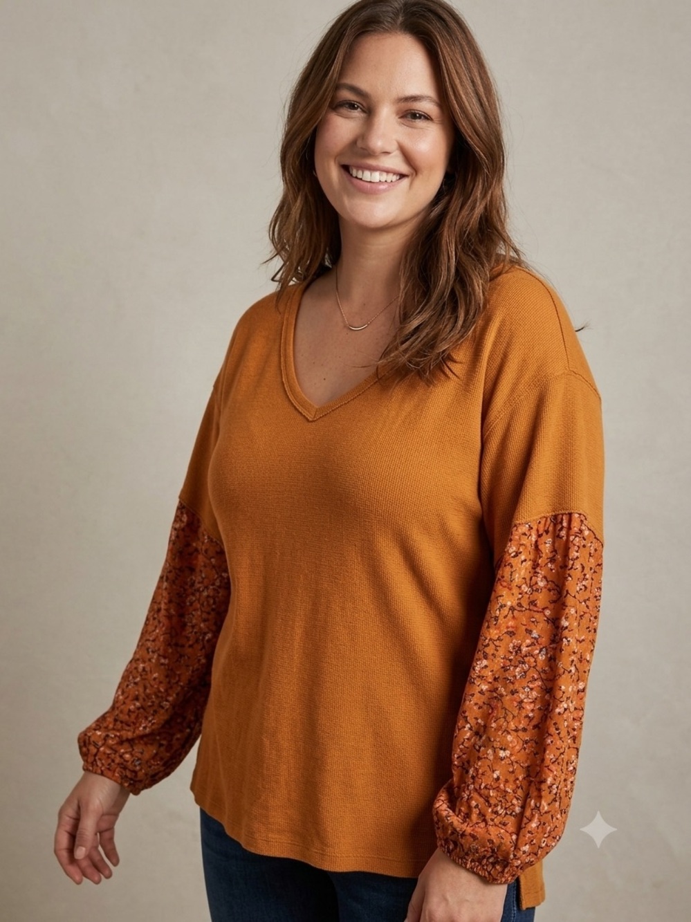 Anthropologie Knit V-Neck Top with Floral Balloon Sleeves - Rust. PTP is 22 - Picture 1 of 8
